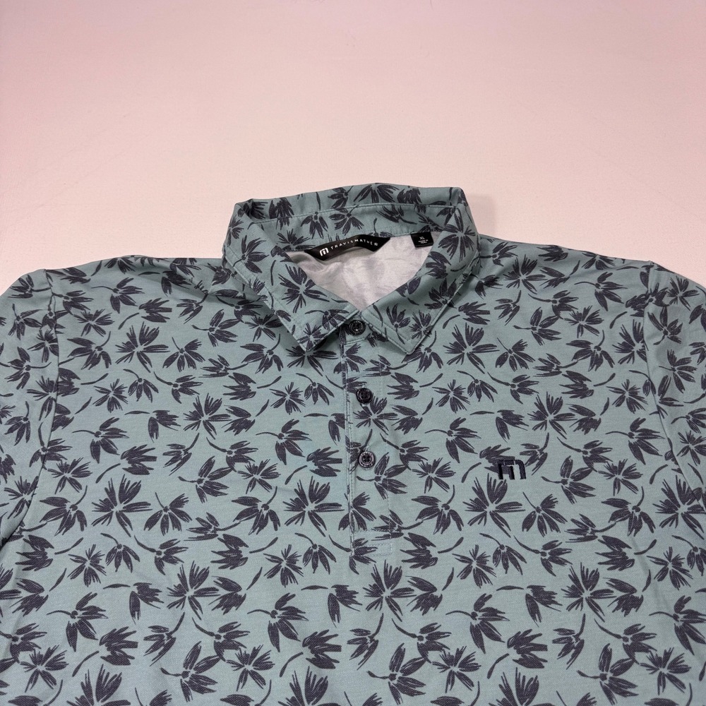 Travis Mathew Mens XL Blue Floral Golf Polo Shirt Performance Short Sleeve